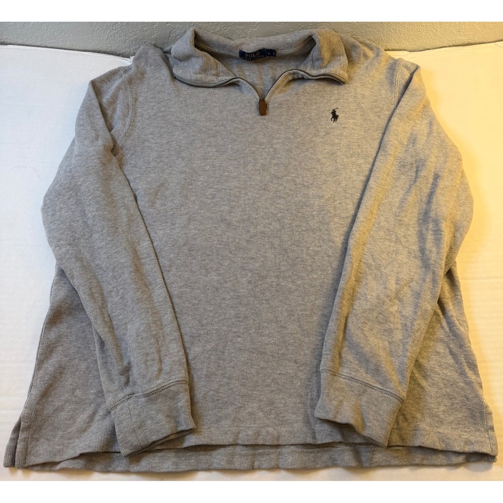 Polo Ralph Lauren Men's Large Grey Waffle Knit Quarter Zip Pullover Sweater